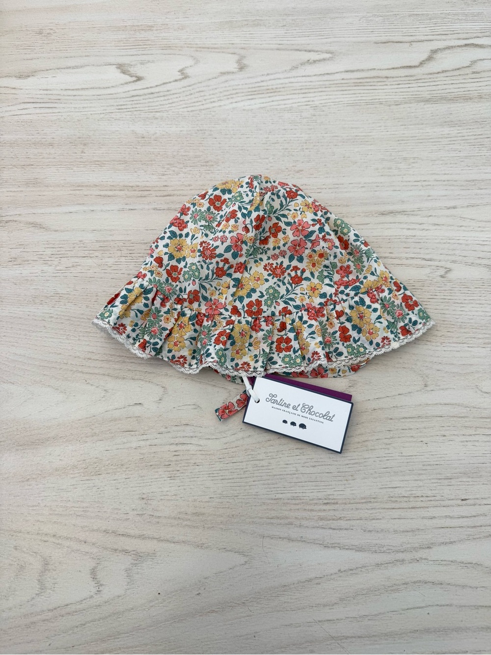 Tartine et Chocolat Floral Ruffle Sun Hat in Cream, Red, Yellow & Green